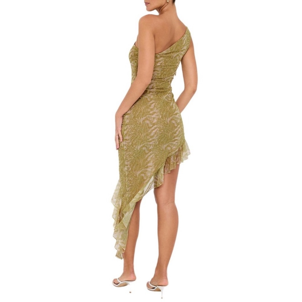 Mistress Rocks Asymmetrical Ruffle Olive Midi Dress - Picture 2 of 9